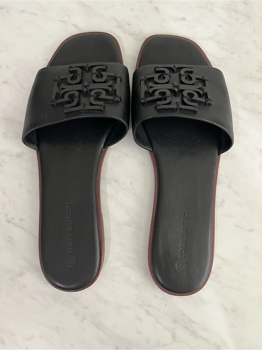 Tory Burch Ines Slide Sandals Black Leather Double T Logo Slides Size 8.5